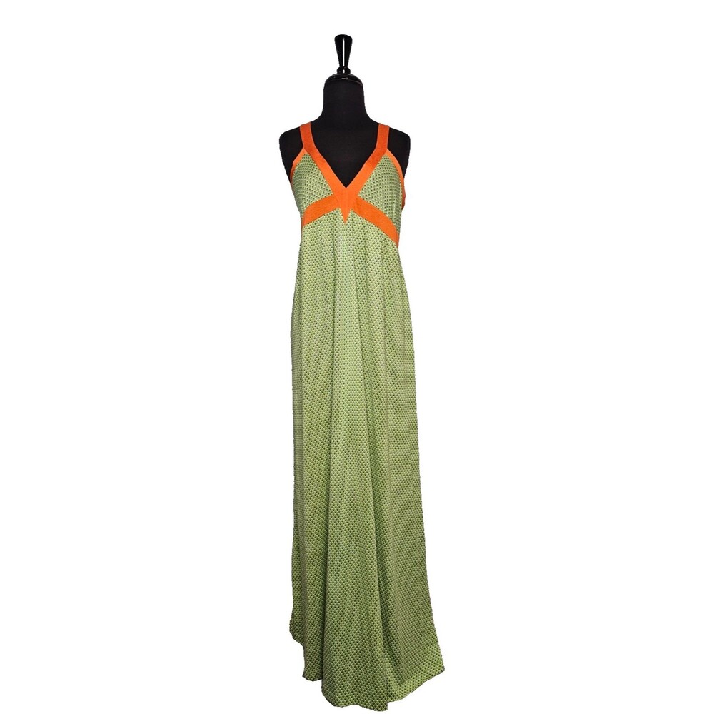 YELLOWFIELD 8 by Johnny Was Silk Blend Maxi Dress S Sleeveless Green Orange 70s